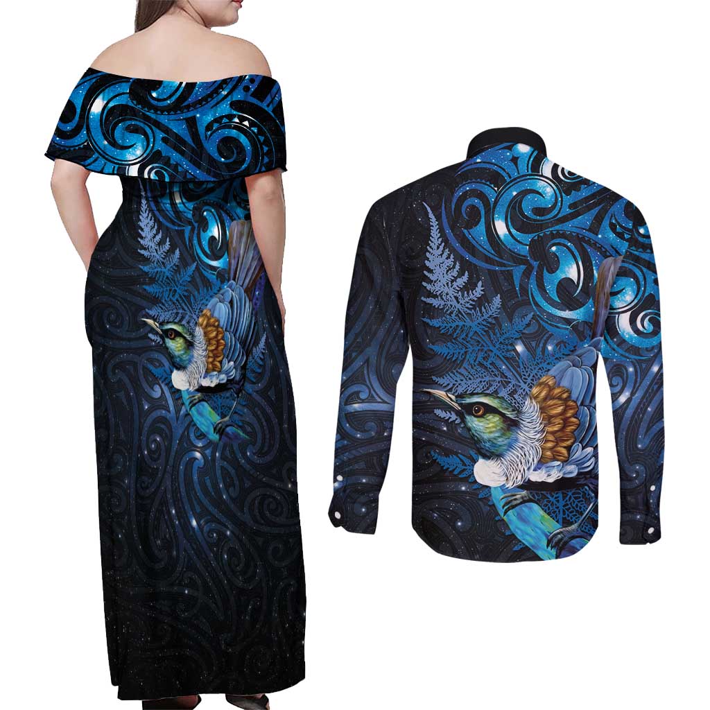 Aotearoa Matariki Couples Matching Off Shoulder Maxi Dress and Long Sleeve Button Shirt Maori Tribal with Silver Fern and Tui Bird Galaxy Style - Polynesian Pride