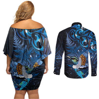 Aotearoa Matariki Couples Matching Off Shoulder Short Dress and Long Sleeve Button Shirt Maori Tribal with Silver Fern and Tui Bird Galaxy Style - Polynesian Pride