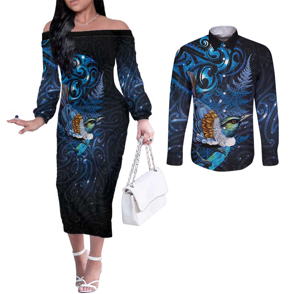 Aotearoa Matariki Couples Matching Off The Shoulder Long Sleeve Dress and Long Sleeve Button Shirt Maori Tribal with Silver Fern and Tui Bird Galaxy Style - Polynesian Pride