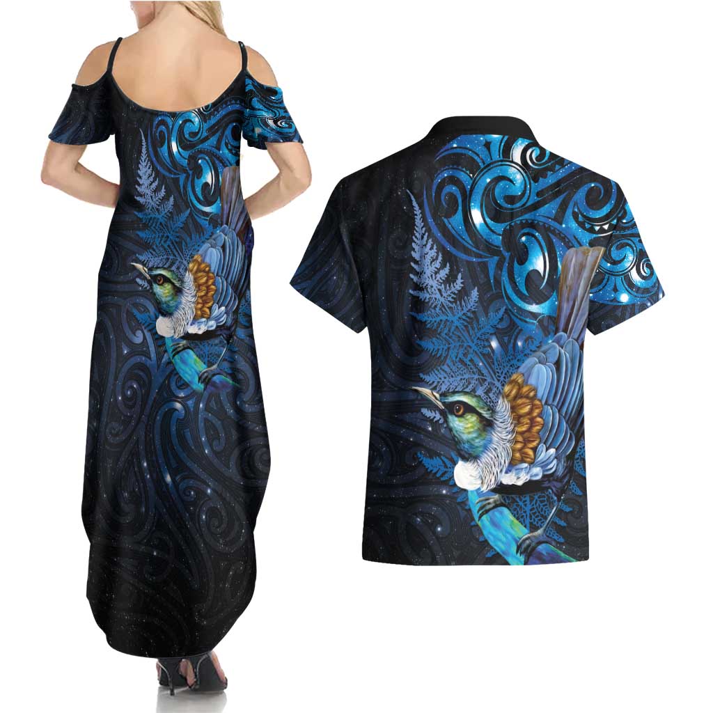 Aotearoa Matariki Couples Matching Summer Maxi Dress and Hawaiian Shirt Maori Tribal with Silver Fern and Tui Bird Galaxy Style - Polynesian Pride
