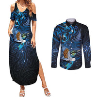 Aotearoa Matariki Couples Matching Summer Maxi Dress and Long Sleeve Button Shirt Maori Tribal with Silver Fern and Tui Bird Galaxy Style - Polynesian Pride