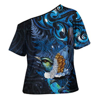 Aotearoa Matariki Cross Shoulder Shirt Maori Tribal with Silver Fern and Tui Bird Galaxy Style - Polynesian Pride