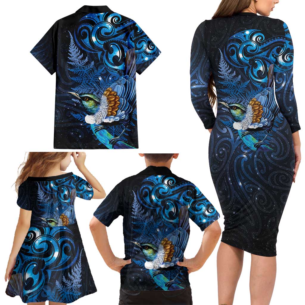 Aotearoa Matariki Family Matching Long Sleeve Bodycon Dress and Hawaiian Shirt Maori Tribal with Silver Fern and Tui Bird Galaxy Style - Polynesian Pride