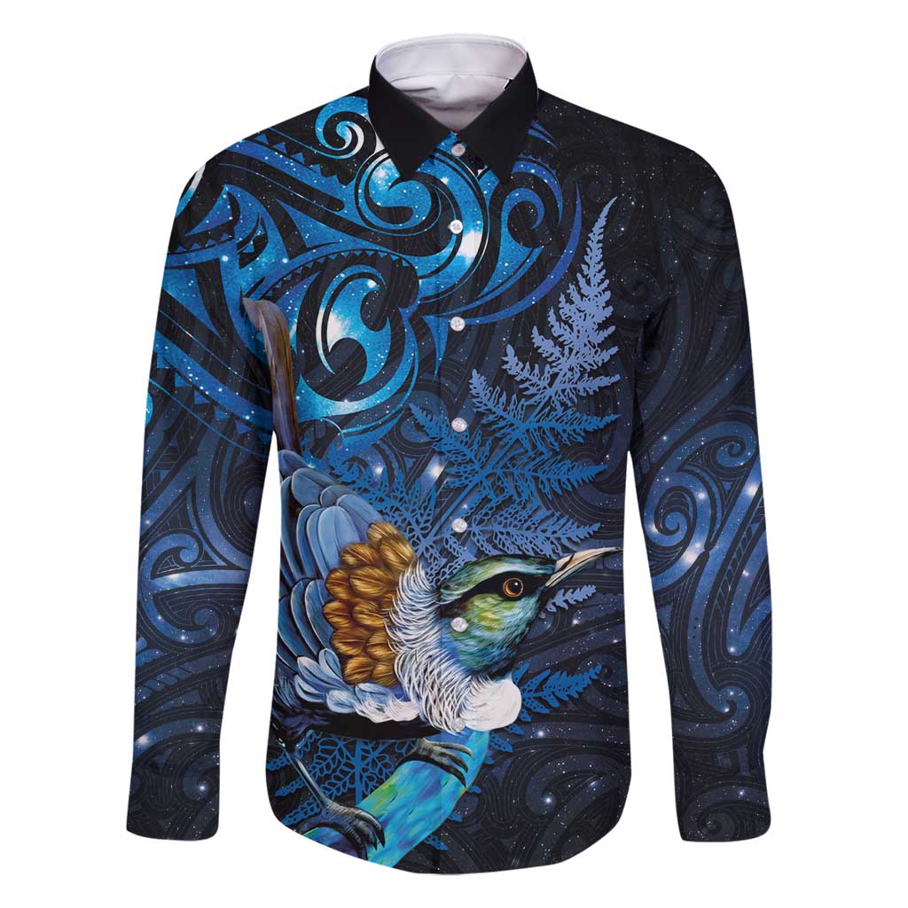 Aotearoa Matariki Family Matching Long Sleeve Bodycon Dress and Hawaiian Shirt Maori Tribal with Silver Fern and Tui Bird Galaxy Style - Polynesian Pride