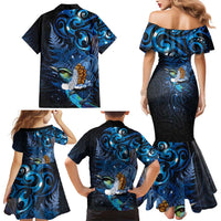 Aotearoa Matariki Family Matching Mermaid Dress and Hawaiian Shirt Maori Tribal with Silver Fern and Tui Bird Galaxy Style - Polynesian Pride