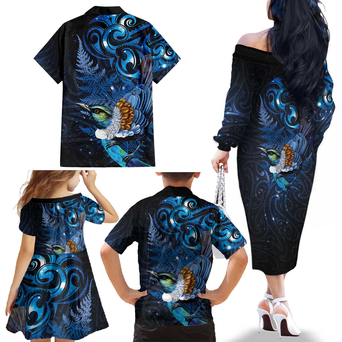 Aotearoa Matariki Family Matching Off The Shoulder Long Sleeve Dress and Hawaiian Shirt Maori Tribal with Silver Fern and Tui Bird Galaxy Style - Polynesian Pride