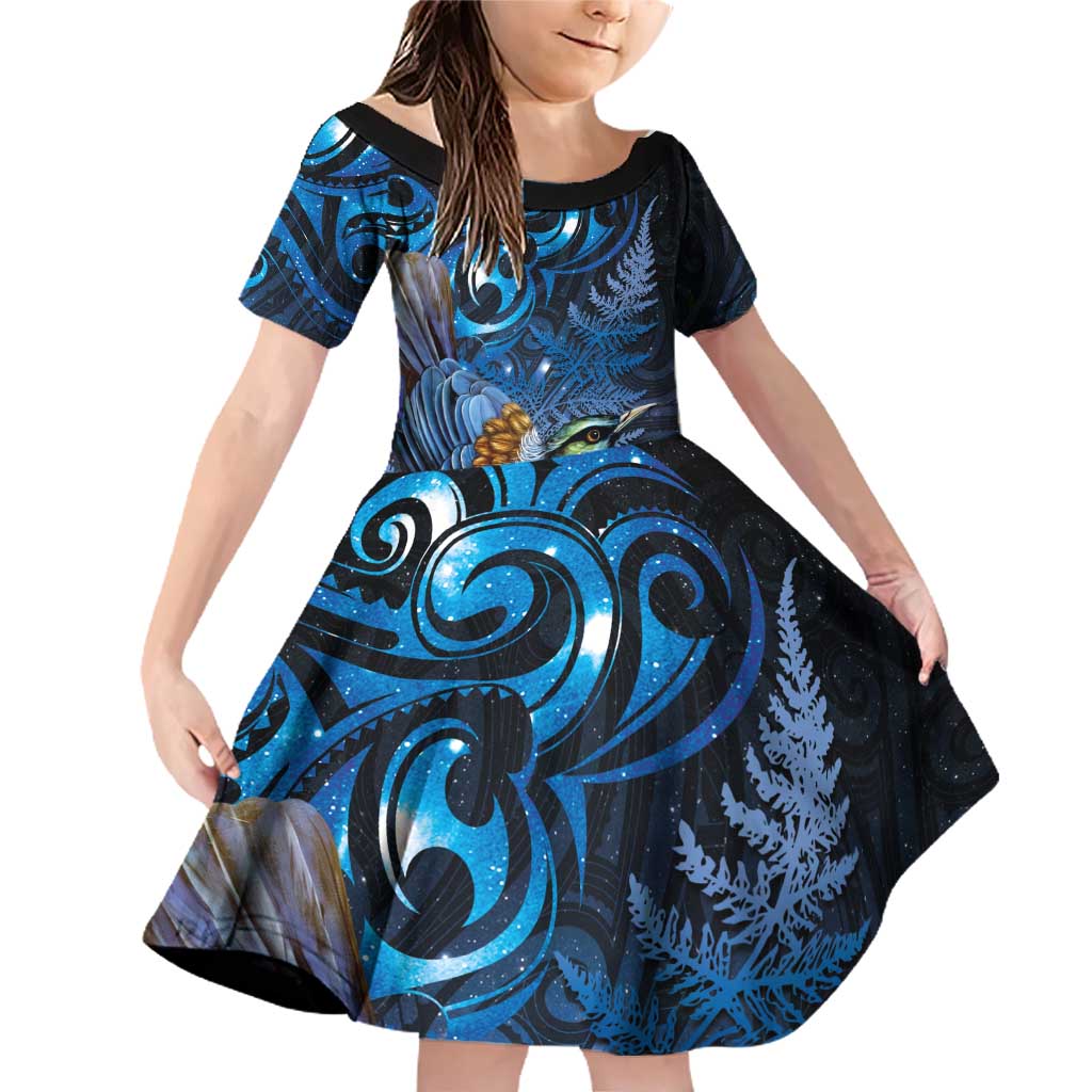 Aotearoa Matariki Family Matching Off Shoulder Short Dress and Hawaiian Shirt Maori Tribal with Silver Fern and Tui Bird Galaxy Style - Polynesian Pride