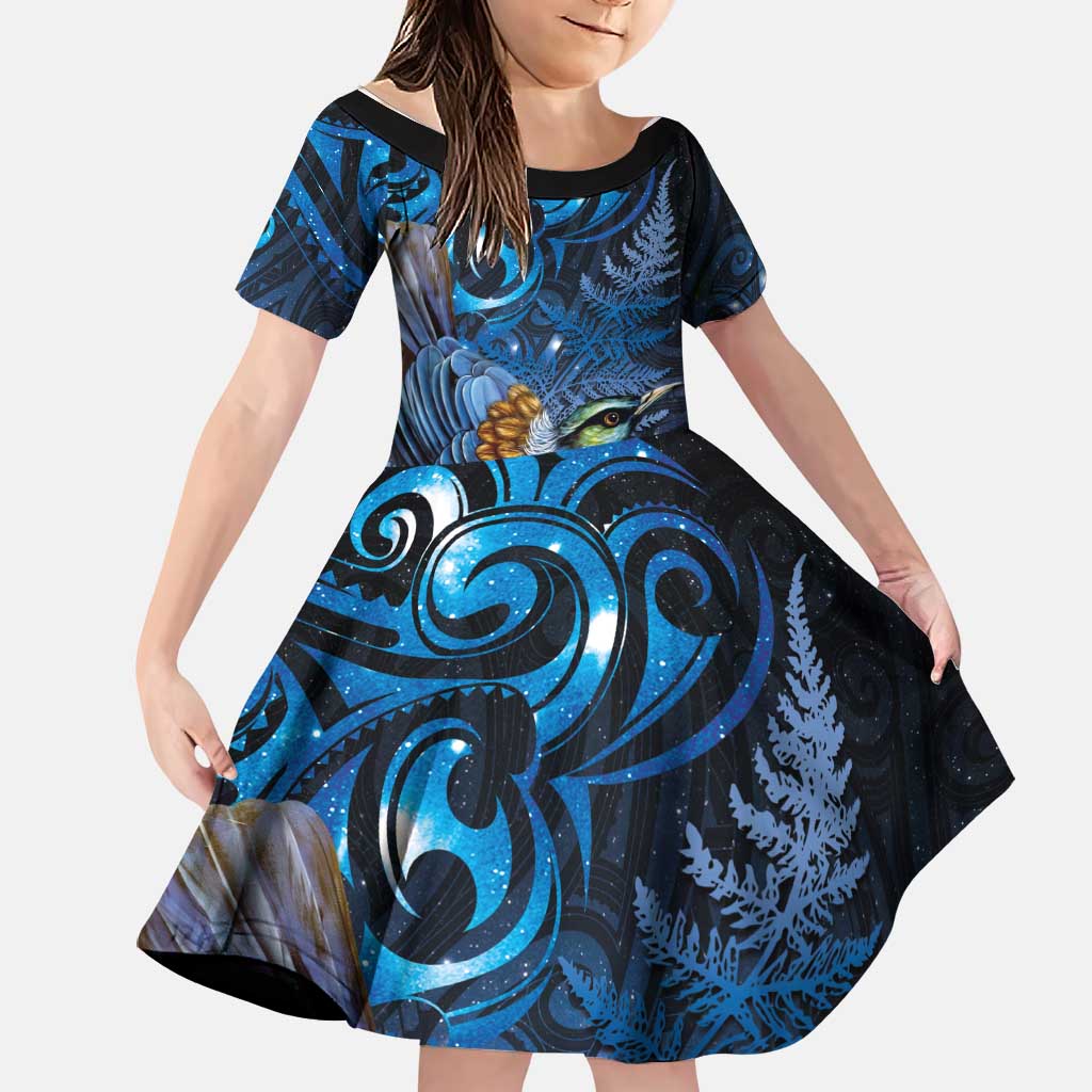 Aotearoa Matariki Family Matching Puletasi and Hawaiian Shirt Maori Tribal with Silver Fern and Tui Bird Galaxy Style - Polynesian Pride
