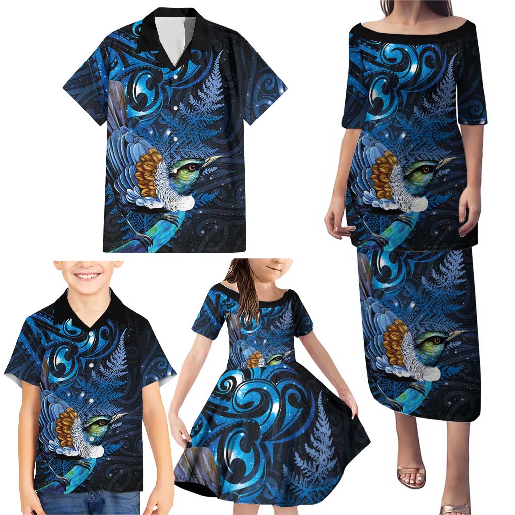 Aotearoa Matariki Family Matching Puletasi and Hawaiian Shirt Maori Tribal with Silver Fern and Tui Bird Galaxy Style - Polynesian Pride