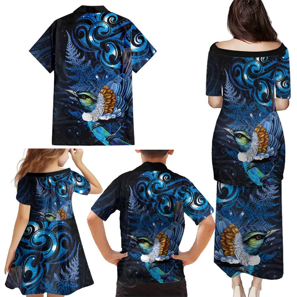 Aotearoa Matariki Family Matching Puletasi and Hawaiian Shirt Maori Tribal with Silver Fern and Tui Bird Galaxy Style - Polynesian Pride