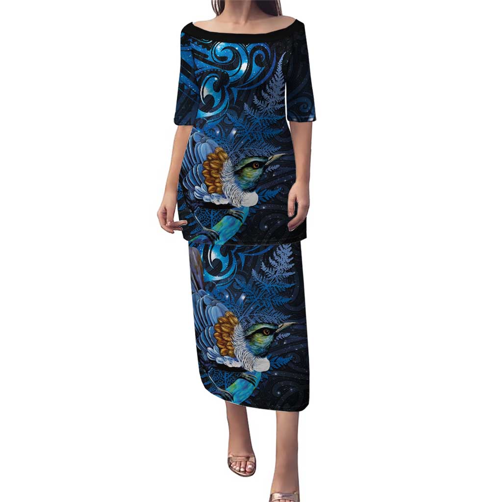 Aotearoa Matariki Family Matching Puletasi and Hawaiian Shirt Maori Tribal with Silver Fern and Tui Bird Galaxy Style - Polynesian Pride