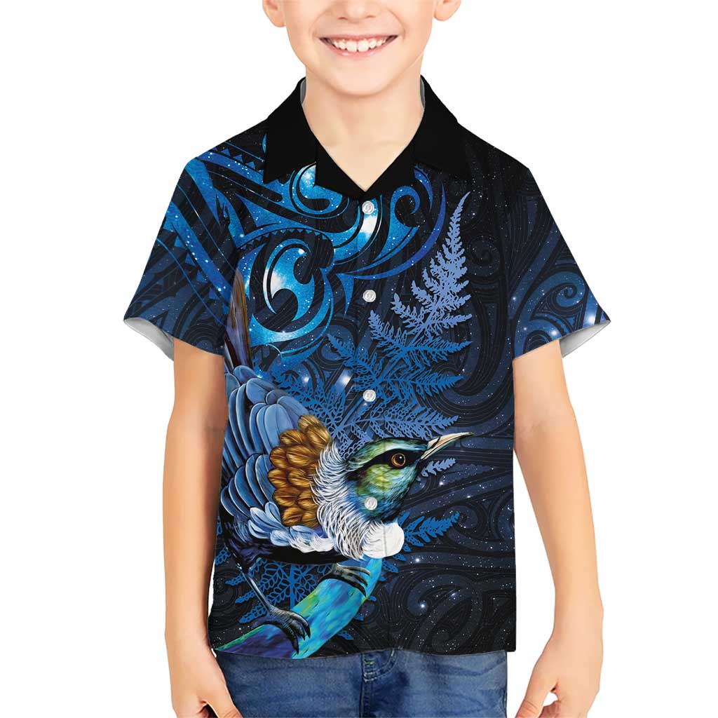 Aotearoa Matariki Family Matching Puletasi and Hawaiian Shirt Maori Tribal with Silver Fern and Tui Bird Galaxy Style - Polynesian Pride