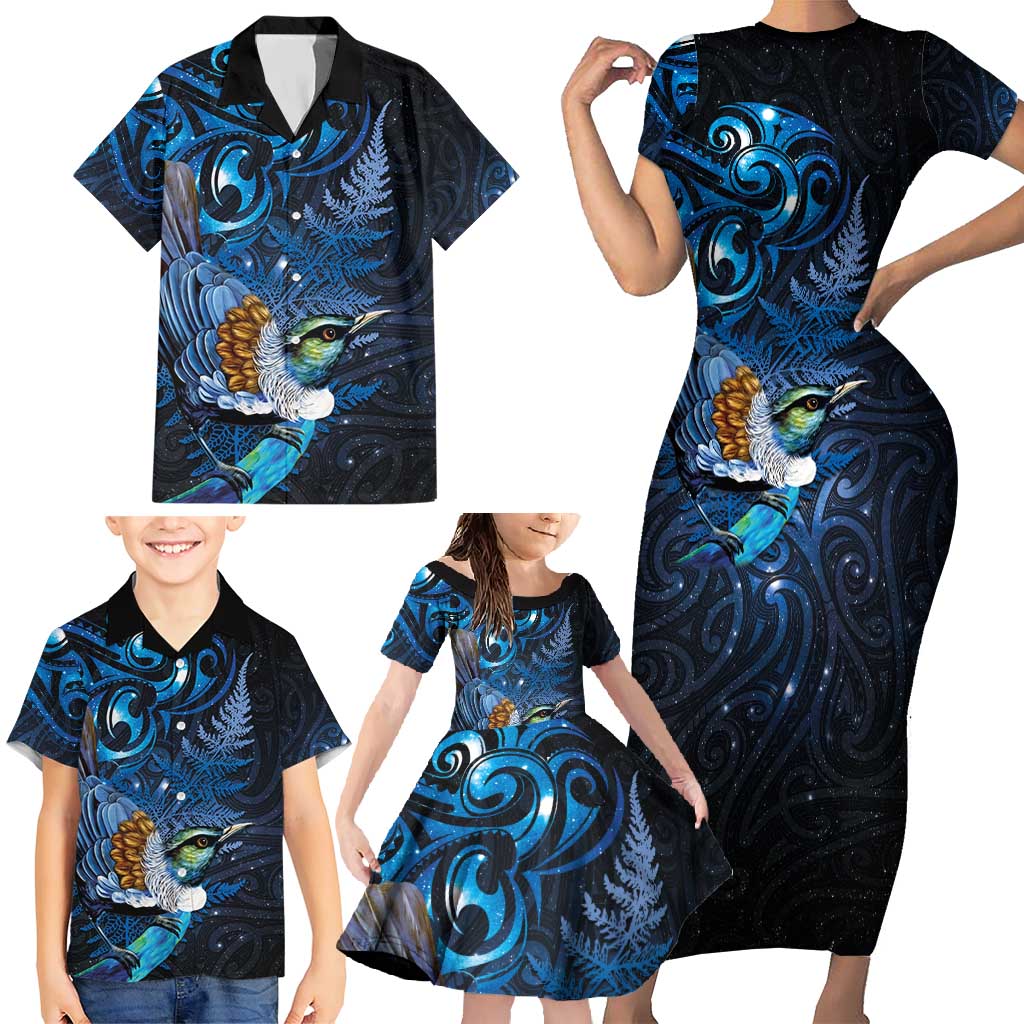 Aotearoa Matariki Family Matching Short Sleeve Bodycon Dress and Hawaiian Shirt Maori Tribal with Silver Fern and Tui Bird Galaxy Style - Polynesian Pride