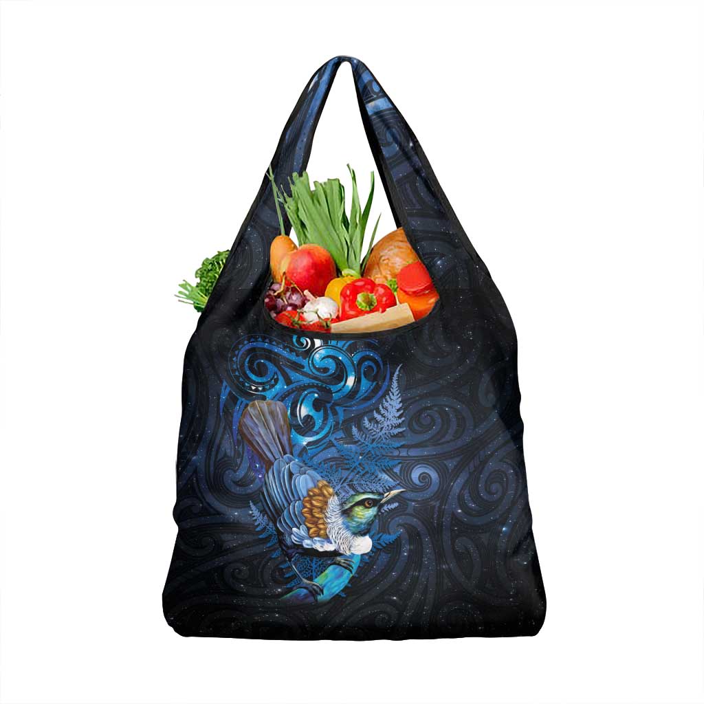Aotearoa Matariki Grocery Bag Maori Tribal with Silver Fern and Tui Bird Galaxy Style - Polynesian Pride