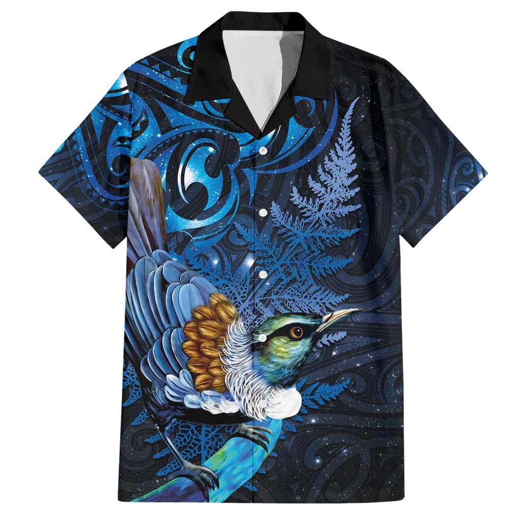 Aotearoa Matariki Hawaiian Shirt Maori Tribal with Silver Fern and Tui Bird Galaxy Style - Polynesian Pride