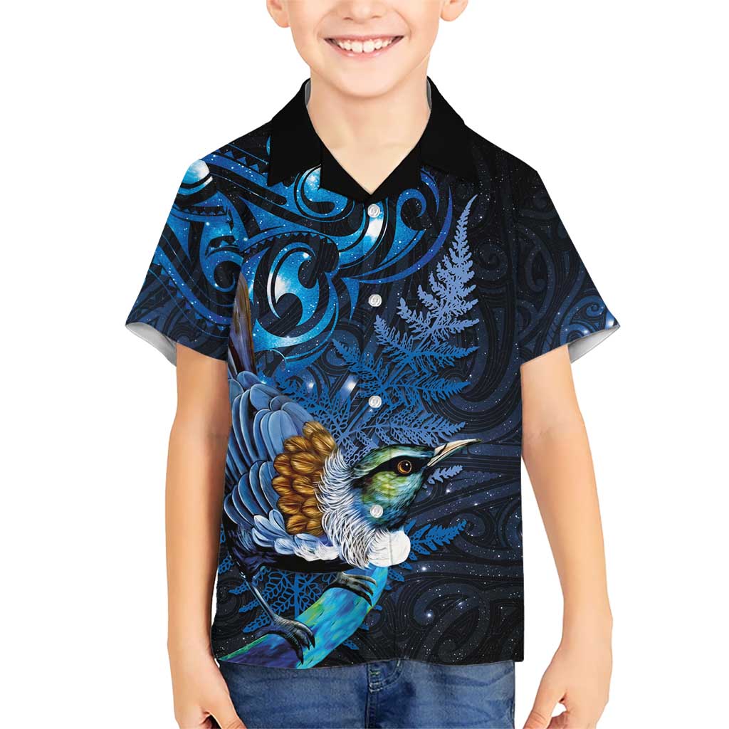 Aotearoa Matariki Hawaiian Shirt Maori Tribal with Silver Fern and Tui Bird Galaxy Style - Polynesian Pride