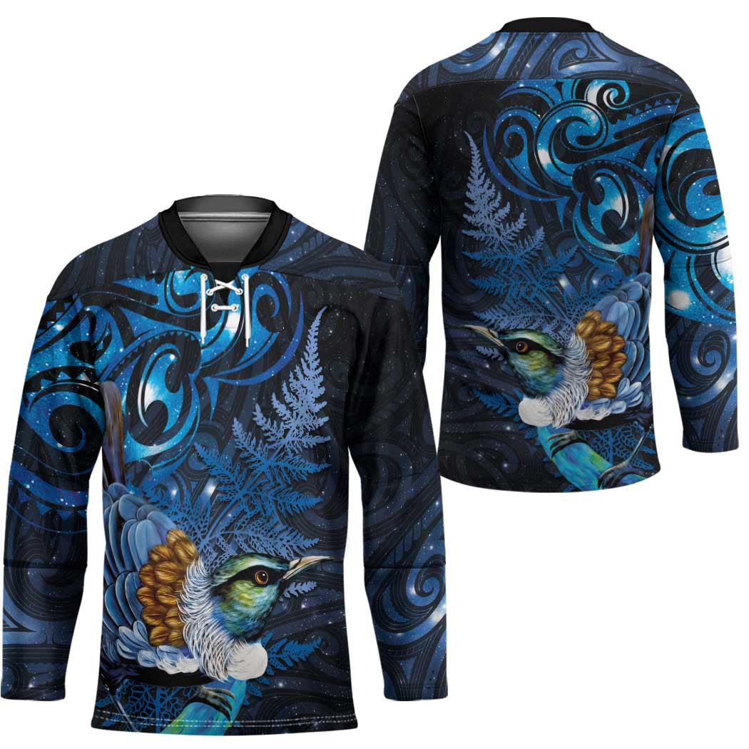 Aotearoa Matariki Hockey Jersey Maori Tribal with Silver Fern and Tui Bird Galaxy Style - Polynesian Pride