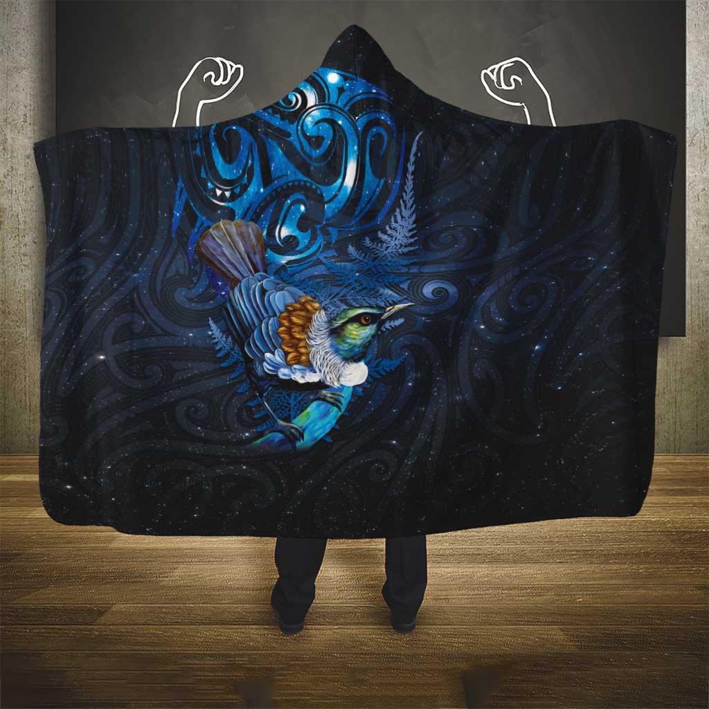 Aotearoa Matariki Hooded Blanket Maori Tribal with Silver Fern and Tui Bird Galaxy Style - Polynesian Pride