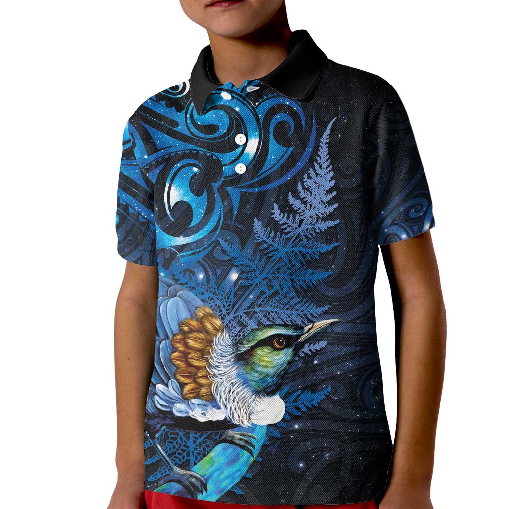 Aotearoa Matariki Kid Polo Shirt Maori Tribal with Silver Fern and Tui Bird Galaxy Style - Polynesian Pride