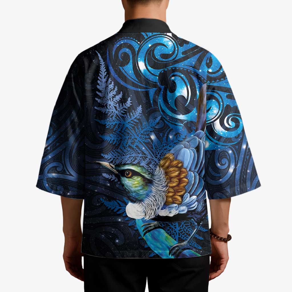 Aotearoa Matariki Kimono Maori Tribal with Silver Fern and Tui Bird Galaxy Style - Polynesian Pride