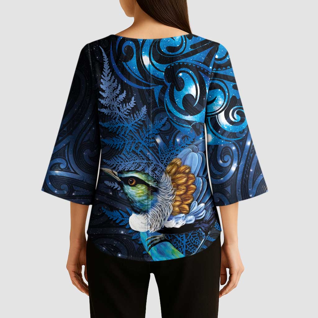 Aotearoa Matariki Kimono Sleeve Blouse Maori Tribal with Silver Fern and Tui Bird Galaxy Style - Polynesian Pride