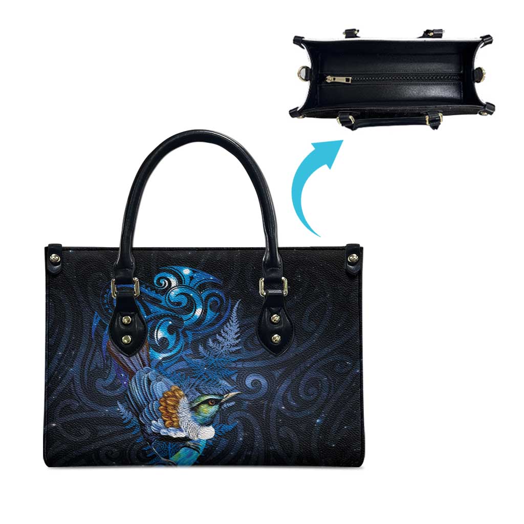 Aotearoa Matariki Leather Bag Maori Tribal with Silver Fern and Tui Bird Galaxy Style - Polynesian Pride