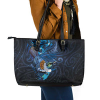 Aotearoa Matariki Leather Tote Bag Maori Tribal with Silver Fern and Tui Bird Galaxy Style - Polynesian Pride