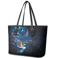 Aotearoa Matariki Leather Tote Bag Maori Tribal with Silver Fern and Tui Bird Galaxy Style - Polynesian Pride