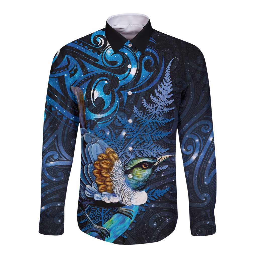Aotearoa Matariki Long Sleeve Button Shirt Maori Tribal with Silver Fern and Tui Bird Galaxy Style - Polynesian Pride