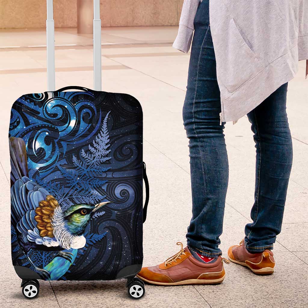 Aotearoa Matariki Luggage Cover Maori Tribal with Silver Fern and Tui Bird Galaxy Style - Polynesian Pride