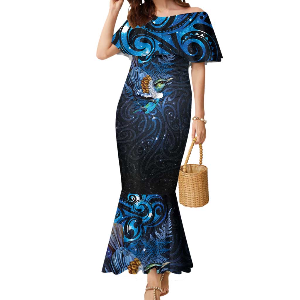 Aotearoa Matariki Mermaid Dress Maori Tribal with Silver Fern and Tui Bird Galaxy Style - Polynesian Pride