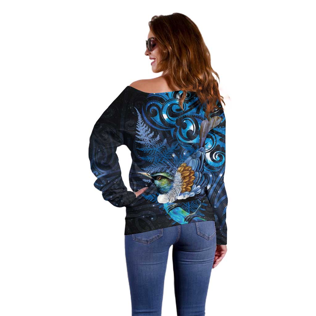Aotearoa Matariki Off Shoulder Sweater Maori Tribal with Silver Fern and Tui Bird Galaxy Style - Polynesian Pride