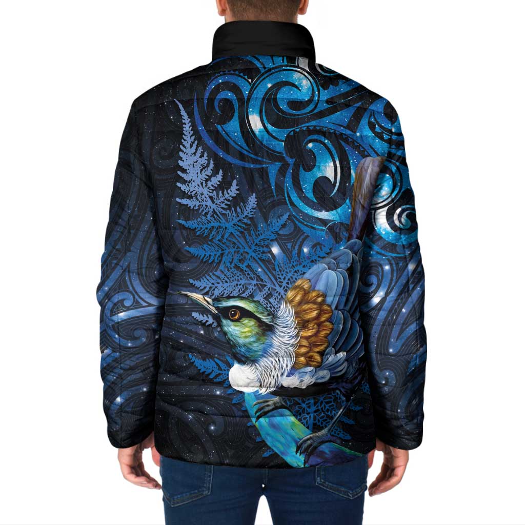 Aotearoa Matariki Padded Jacket Maori Tribal with Silver Fern and Tui Bird Galaxy Style - Polynesian Pride
