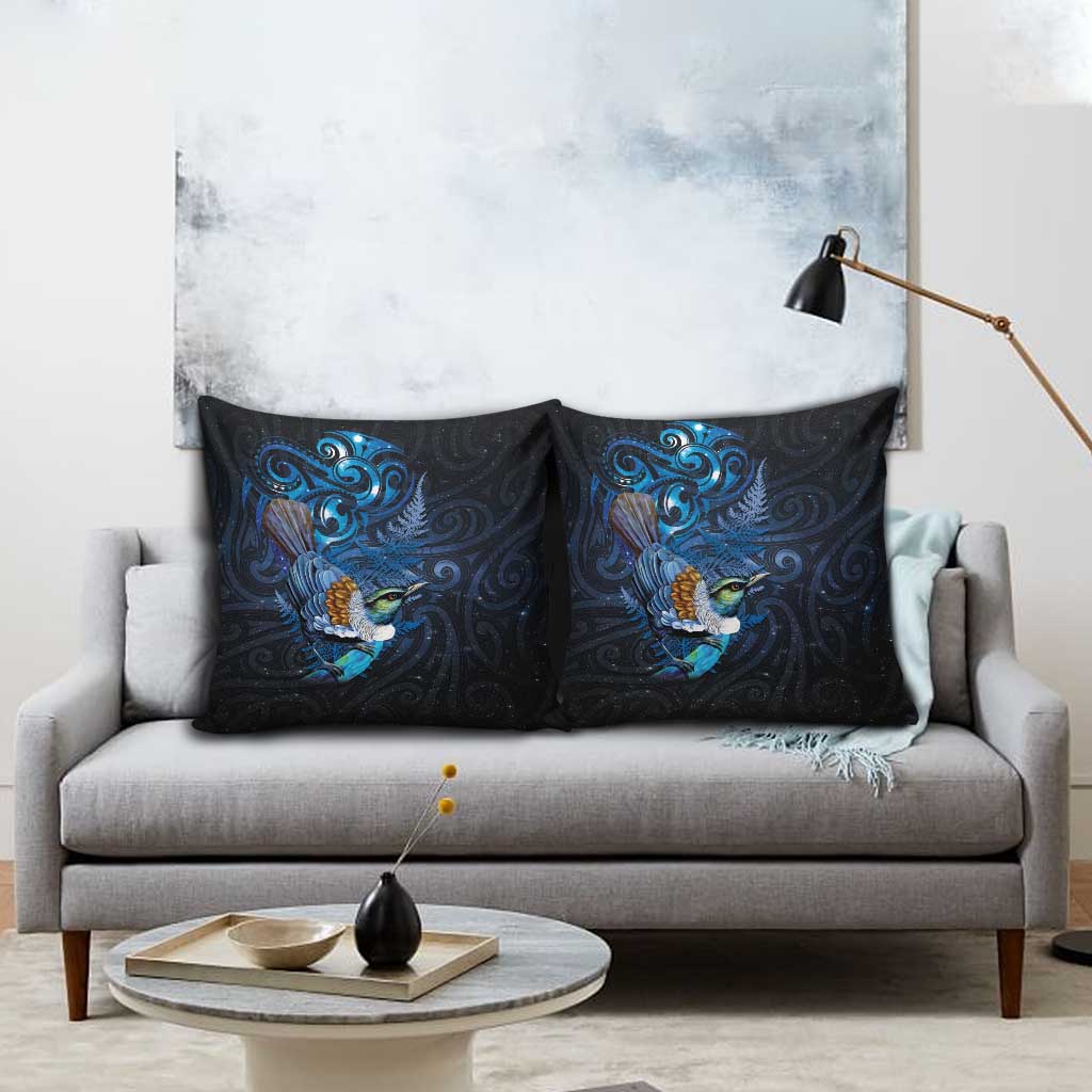 Aotearoa Matariki Pillow Cover Maori Tribal with Silver Fern and Tui Bird Galaxy Style - Polynesian Pride
