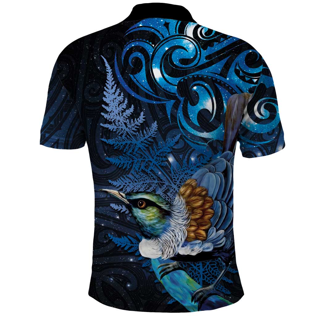 Aotearoa Matariki Polo Shirt Maori Tribal with Silver Fern and Tui Bird Galaxy Style - Polynesian Pride