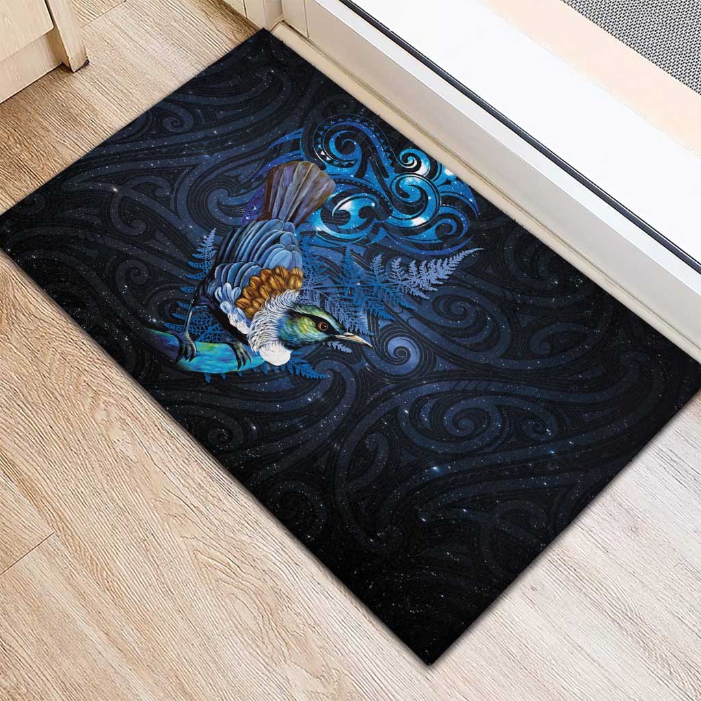 Aotearoa Matariki Rubber Doormat Maori Tribal with Silver Fern and Tui Bird Galaxy Style - Polynesian Pride