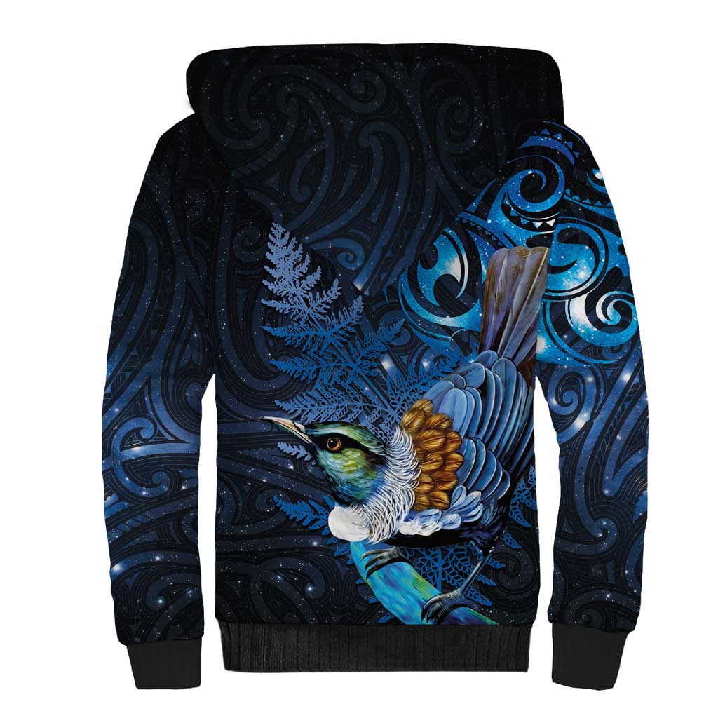 Aotearoa Matariki Sherpa Hoodie Maori Tribal with Silver Fern and Tui Bird Galaxy Style - Polynesian Pride