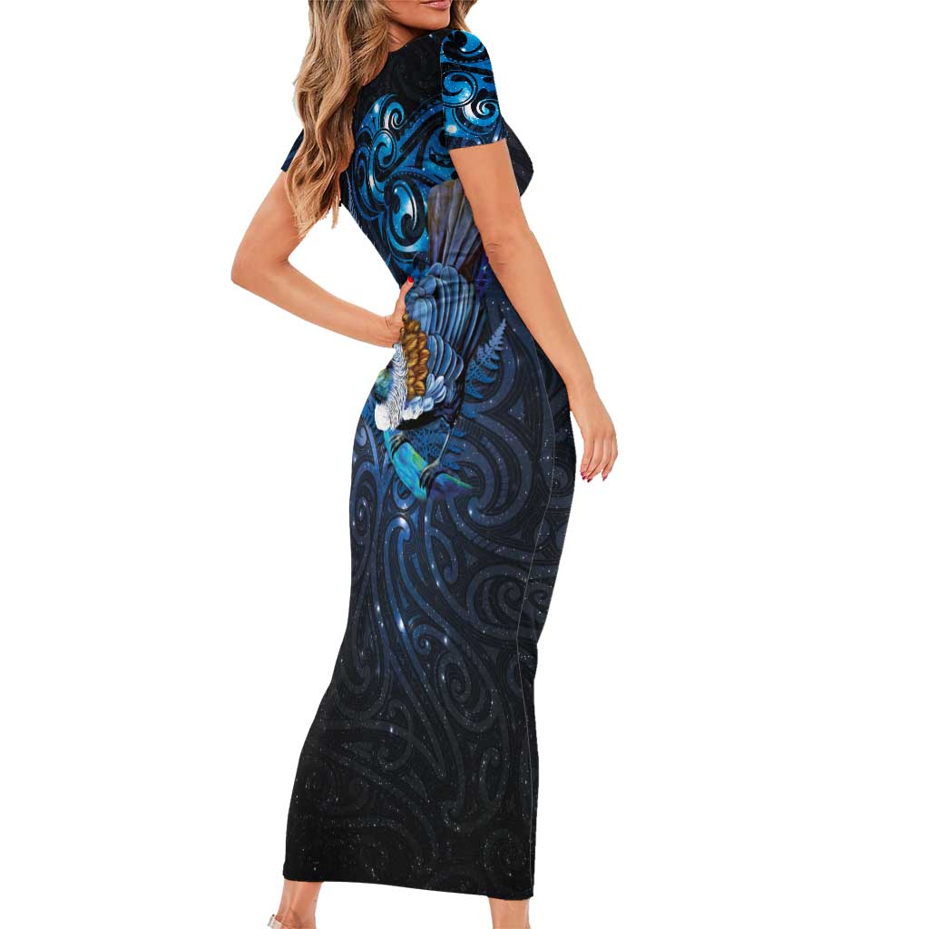 Aotearoa Matariki Short Sleeve Bodycon Dress Maori Tribal with Silver Fern and Tui Bird Galaxy Style - Polynesian Pride