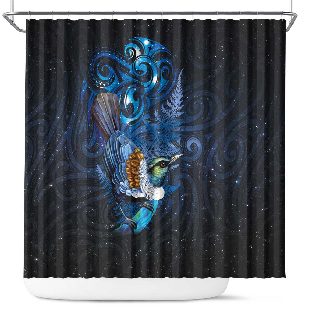 Aotearoa Matariki Shower Curtain Maori Tribal with Silver Fern and Tui Bird Galaxy Style - Polynesian Pride