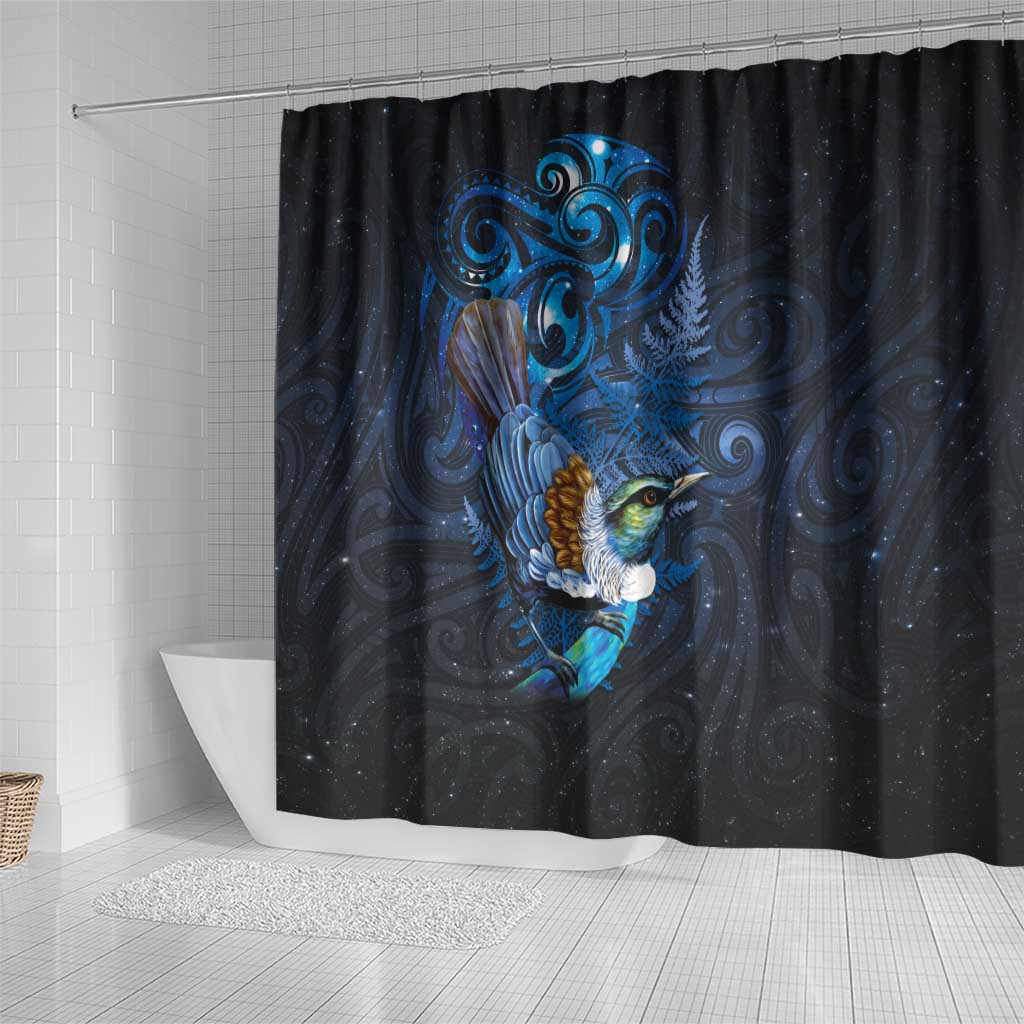Aotearoa Matariki Shower Curtain Maori Tribal with Silver Fern and Tui Bird Galaxy Style - Polynesian Pride