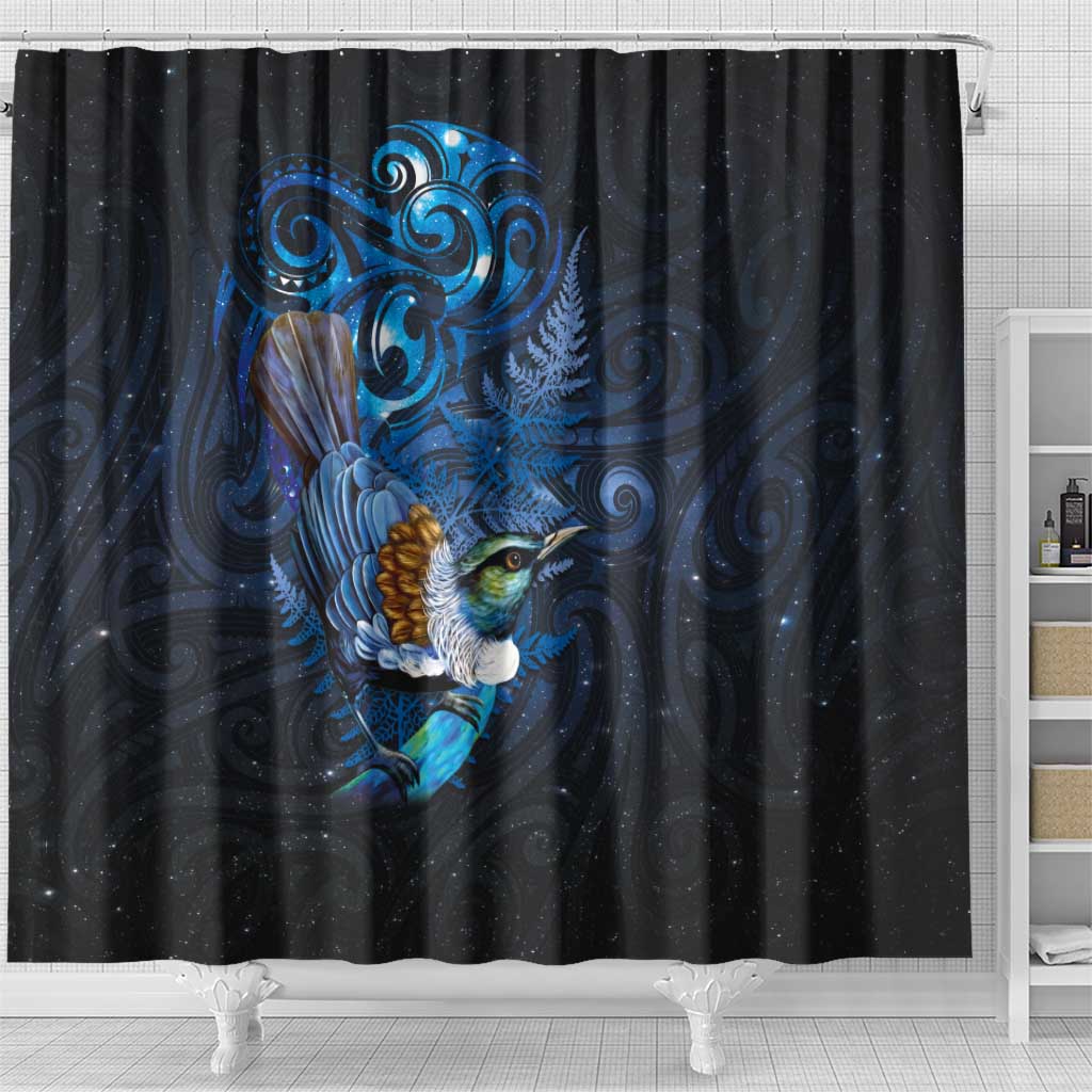 Aotearoa Matariki Shower Curtain Maori Tribal with Silver Fern and Tui Bird Galaxy Style - Polynesian Pride