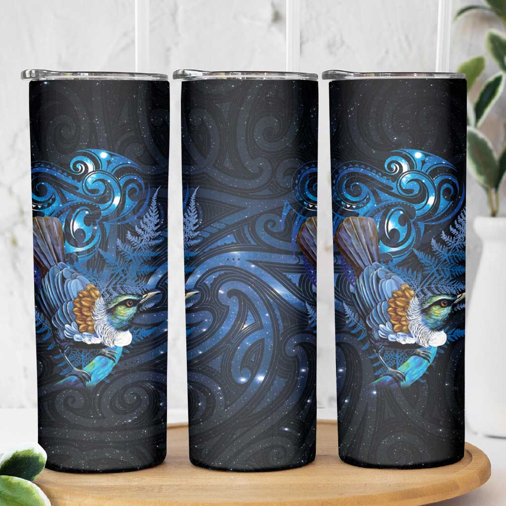 Aotearoa Matariki Skinny Tumbler Maori Tribal with Silver Fern and Tui Bird Galaxy Style - Polynesian Pride