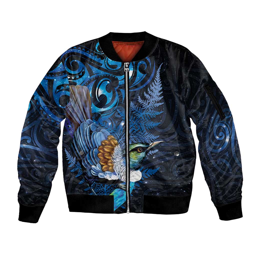 Aotearoa Matariki Sleeve Zip Bomber Jacket Maori Tribal with Silver Fern and Tui Bird Galaxy Style - Polynesian Pride