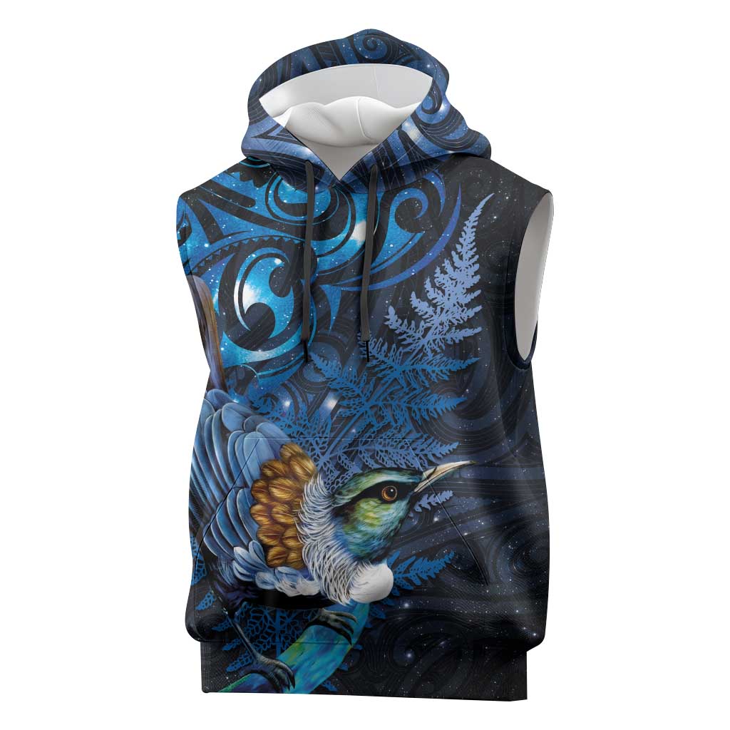 Aotearoa Matariki Sleeveless Hoodie Maori Tribal with Silver Fern and Tui Bird Galaxy Style - Polynesian Pride