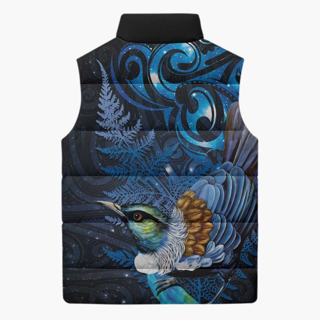 Aotearoa Matariki Sleeveless Puffer Jacket Maori Tribal with Silver Fern and Tui Bird Galaxy Style - Polynesian Pride