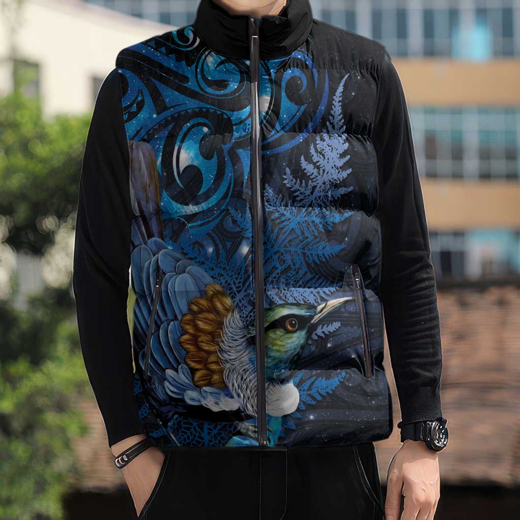Aotearoa Matariki Sleeveless Puffer Jacket Maori Tribal with Silver Fern and Tui Bird Galaxy Style - Polynesian Pride