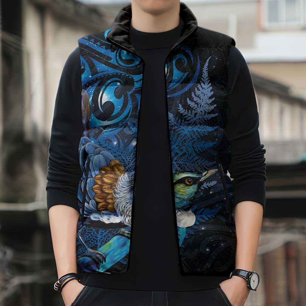 Aotearoa Matariki Sleeveless Puffer Jacket Maori Tribal with Silver Fern and Tui Bird Galaxy Style - Polynesian Pride