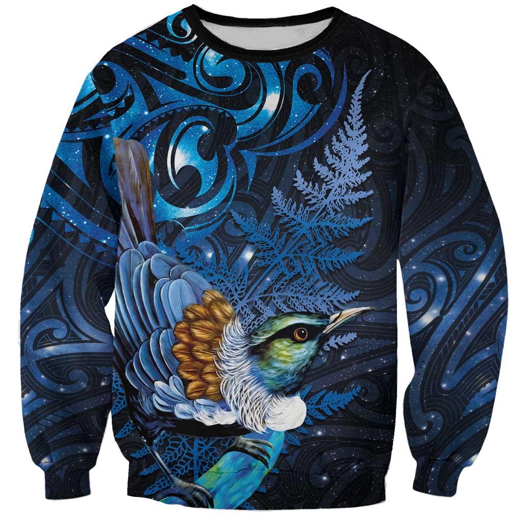 Aotearoa Matariki Sweatshirt Maori Tribal with Silver Fern and Tui Bird Galaxy Style - Polynesian Pride