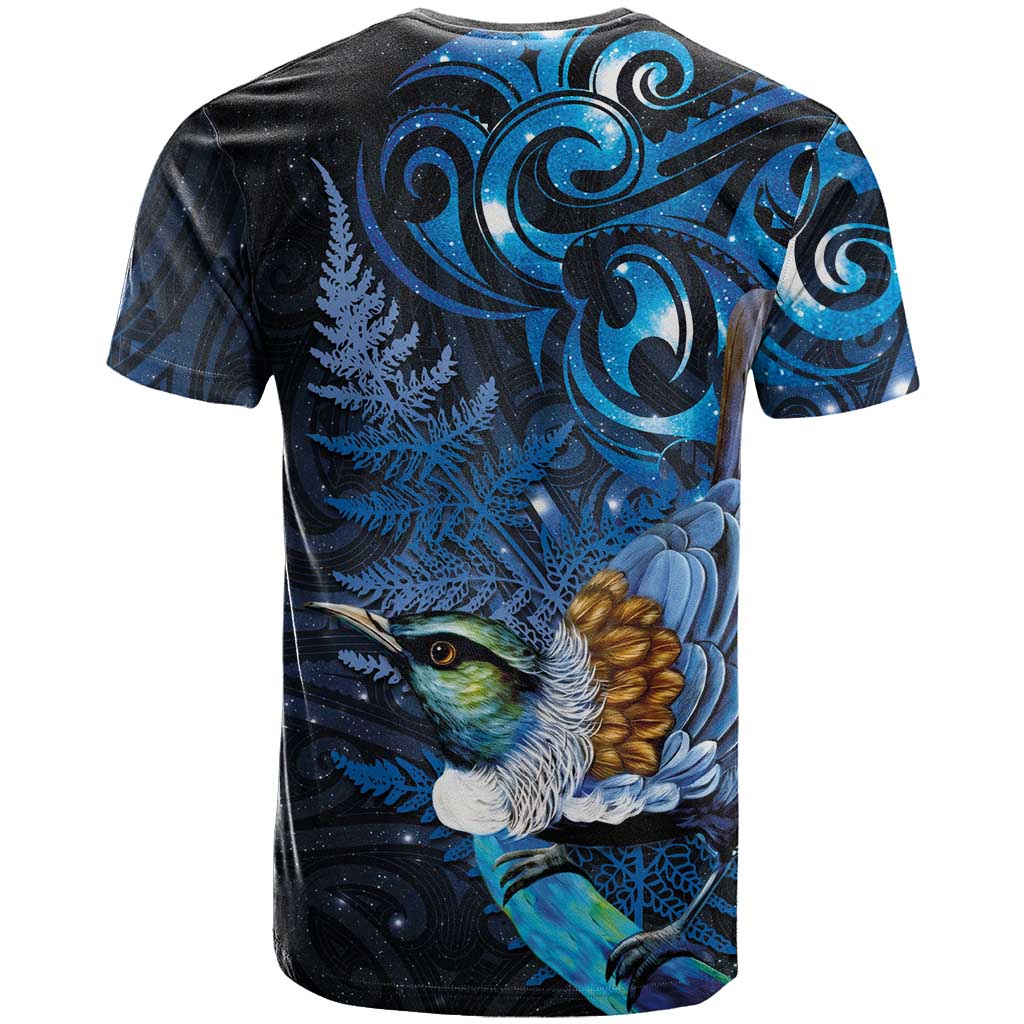 Aotearoa Matariki T Shirt Maori Tribal with Silver Fern and Tui Bird Galaxy Style - Polynesian Pride