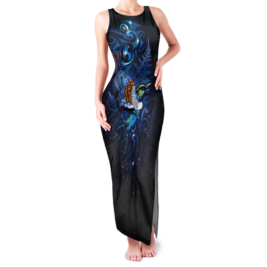 Aotearoa Matariki Tank Maxi Dress Maori Tribal with Silver Fern and Tui Bird Galaxy Style - Polynesian Pride
